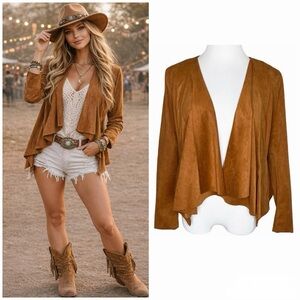 Anthropologie Hutch Drape Faux Suede Jacket XS Whiskey Brown Neutral Festival